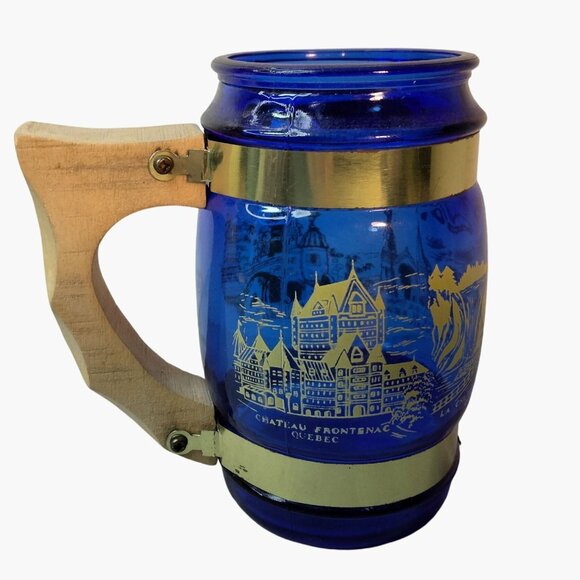 Quebec Canada Souvenir Cobalt Blue Glass Mug Wooden Handle Vintage - Picture 3 of 12